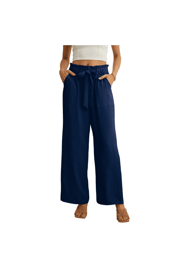 Women's Wide Leg Pants with Pockets High Waist Adjustable Knot Loose Casual Trousers Business Work Casual Pants Dark Blue Small