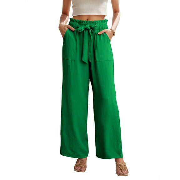 JWD Women's Wide Leg Pants with Pockets High Waist Adjustable Knot Loose Casual Trousers Business Work Casual Pants Dark Green M