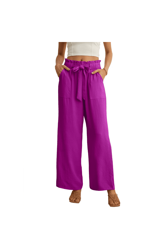 Women's Wide Leg Pants with Pockets High Waist Adjustable Knot Loose Casual Trousers Business Work Casual Pants Dragon fruit red Small