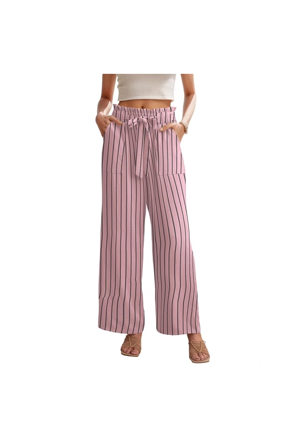 Women's Wide Leg Pants with Pockets High Waist Adjustable Knot Loose Casual Trousers Business Work Casual Pants Gray Pink Stripe M