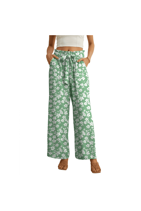 Women's Wide Leg Pants with Pockets High Waist Adjustable Knot Loose Casual Trousers Business Work Casual Pants Green White Flower XX-Large