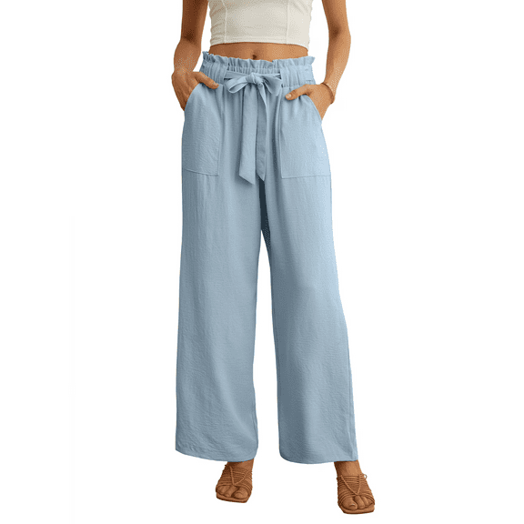 JWD Women's Wide Leg Pants with Pockets High Waist Adjustable Knot Loose Casual Trousers Business Work Casual Pants Haze blue Medium