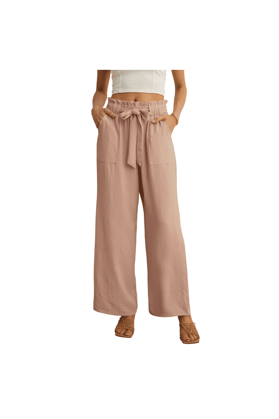 Women's Wide Leg Pants with Pockets High Waist Adjustable Knot Loose Casual Trousers Business Work Casual Pants Khaki Medium