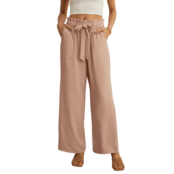 JWD Women's Wide Leg Pants with Pockets High Waist Adjustable Knot Loose Casual Trousers Business Work Casual Pants Khaki XX-Large