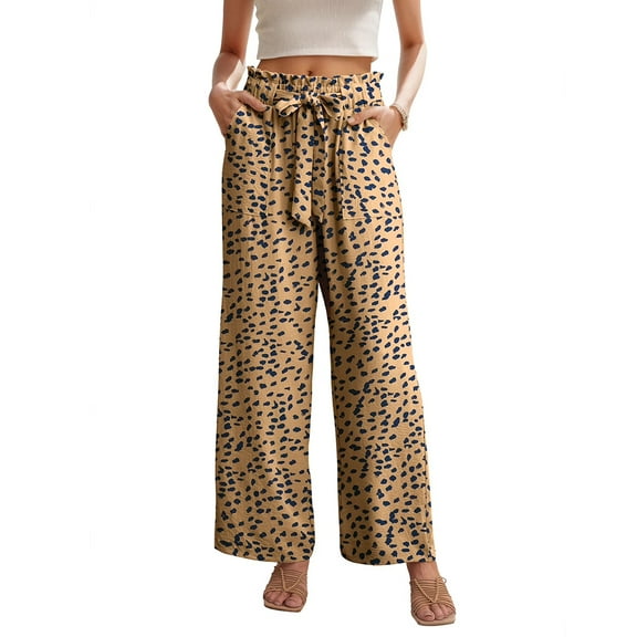 JWD Women's Wide Leg Pants with Pockets High Waist Adjustable Knot Loose Casual Trousers Business Work Casual Pants LD Apricot S