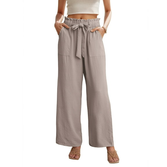 JWD Women's Wide Leg Pants with Pockets High Waist Adjustable Knot Loose Casual Trousers Business Work Casual Pants Light khaki 2XL