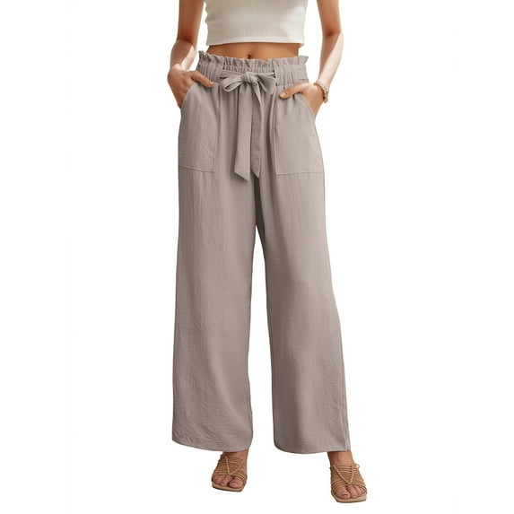 JWD Women's Wide Leg Pants with Pockets High Waist Adjustable Knot Loose Casual Trousers Business Work Casual Pants Light khaki M