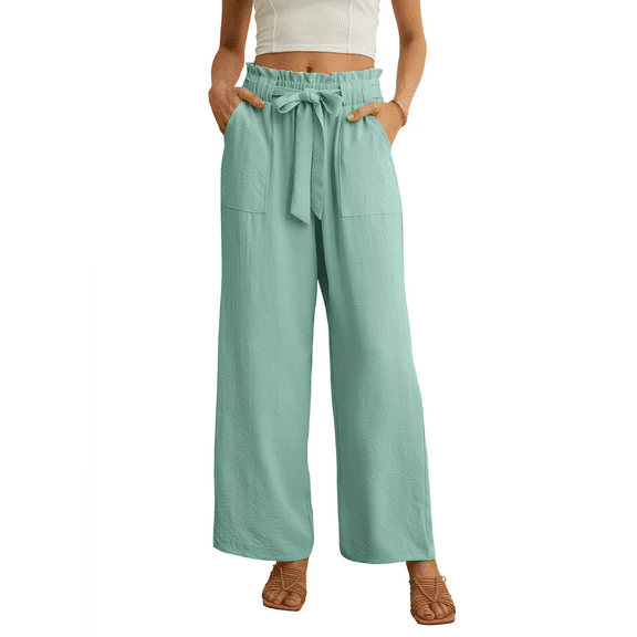 JWD Women's Wide Leg Pants with Pockets High Waist Adjustable Knot Loose Casual Trousers Business Work Casual Pants Mint green Large