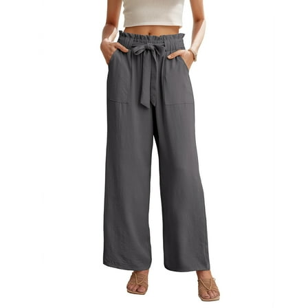 JWD Women's Wide Leg Pants with Pockets High Waist Adjustable Knot Loose Casual Trousers Business Work Casual Pants Smoky Gray XL