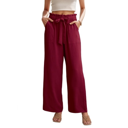 JWD Women's Wide Leg Pants with Pockets High Waist Adjustable Knot Loose Casual Trousers Business Work Casual Pants Wine Red M