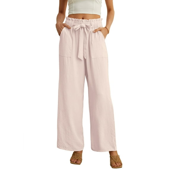 JWD Women's Wide Leg Pants with Pockets High Waist Adjustable Knot Loose Casual Trousers Business Work Casual Pants Light Apricot X-Large