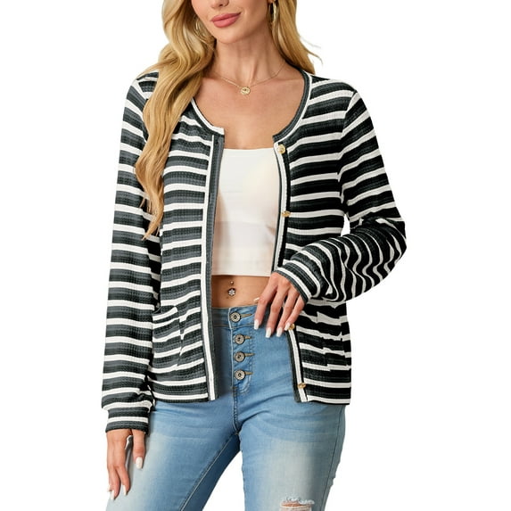 JWD Women's cardigan long sleeved button knit stripe with pocket Black Stripe L