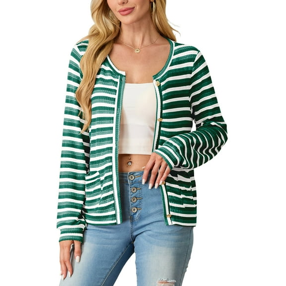 JWD Women's cardigan long sleeved button knit stripe with pocket Dark Green Stripe S
