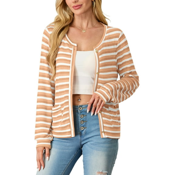 JWD Women's cardigan long sleeved button knit stripe with pocket Khaki Stripe L