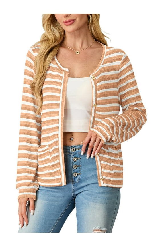Women's cardigan long sleeved button knit stripe with pocket Khaki Stripe S