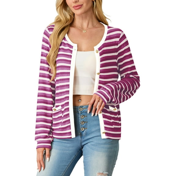 JWD Women's cardigan long sleeved button knit stripe with pocket Purple Red L