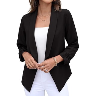 JWD Womens Open Front Blazer Jacket 3 4 Ruched Sleeve Lightweight Business Casual Office Work Coats Black 12