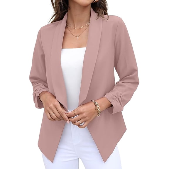 JWD Womens Open Front Blazer Jacket 3 4 Ruched Sleeve Lightweight Business Casual Office Work Coats Pink 12