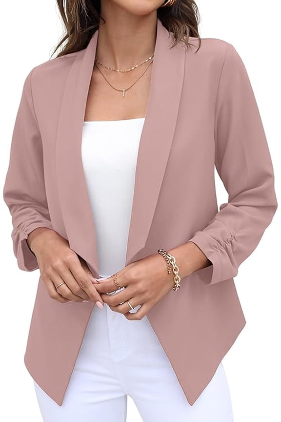 Womens Open Front Blazer Jacket 3 4 Ruched Sleeve Lightweight Business Casual Office Work Coats Pink 12
