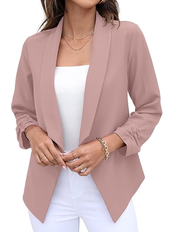 Womens Open Front Blazer Jacket 3 4 Ruched Sleeve Lightweight Business Casual Office Work Coats Pink 12
