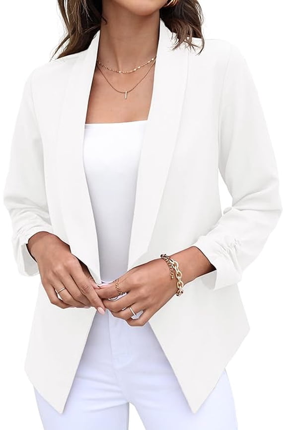 Womens Open Front Blazer Jacket 3 4 Ruched Sleeve Lightweight Business Casual Office Work Coats White 12