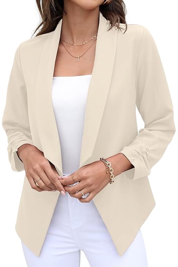 Womens Open Front Blazer Jacket 3 4 Ruched Sleeve Lightweight Business Casual Office Work Coats Beige 12