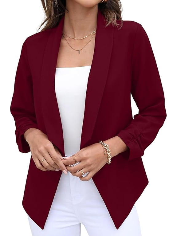 Womens Open Front Blazer Jacket 3 4 Ruched Sleeve Lightweight Business Casual Office Work Coats Wine Red 12