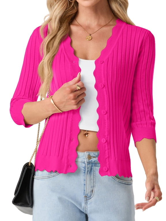 Womens Cardigan 3/4 Sleeve Button Front Knit Sweater Ribbed Texture Scalloped Trim Lightweight Layering Top Hot Pink L