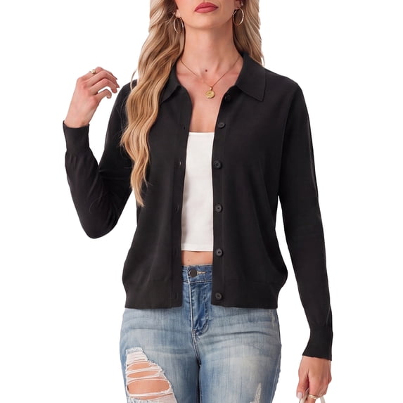 JWD Womens Cardigan Collared Knit Button Front Long Sleeve Sweater Top Lightweight Casual Layering Cardigan Black XL
