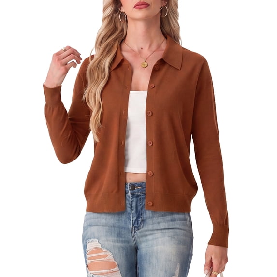 JWD Womens Cardigan Collared Knit Button Front Long Sleeve Sweater Top Lightweight Casual Layering Cardigan Coffee XL