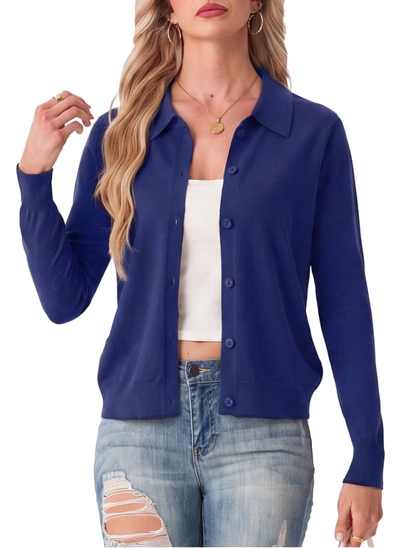 Womens Cardigan Collared Knit Button Front Long Sleeve Sweater Top Lightweight Casual Layering Cardigan Navy Blue XL
