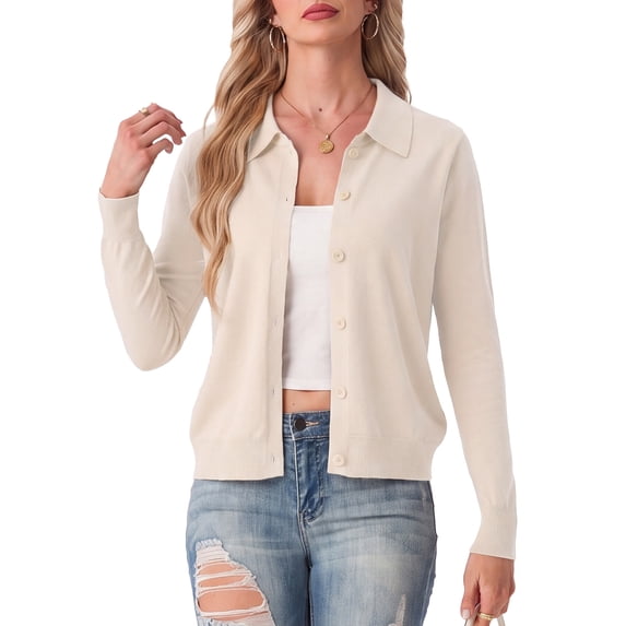 JWD Womens Cardigan Collared Knit Button Front Long Sleeve Sweater Top Lightweight Casual Layering Cardigan Oatmeal L