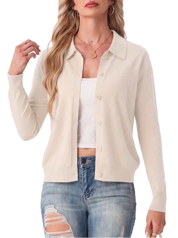 Womens Cardigan Collared Knit Button Front Long Sleeve Sweater Top Lightweight Casual Layering Cardigan Oatmeal L