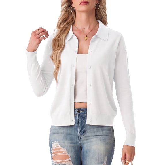 JWD Womens Cardigan Collared Knit Button Front Long Sleeve Sweater Top Lightweight Casual Layering Cardigan White S