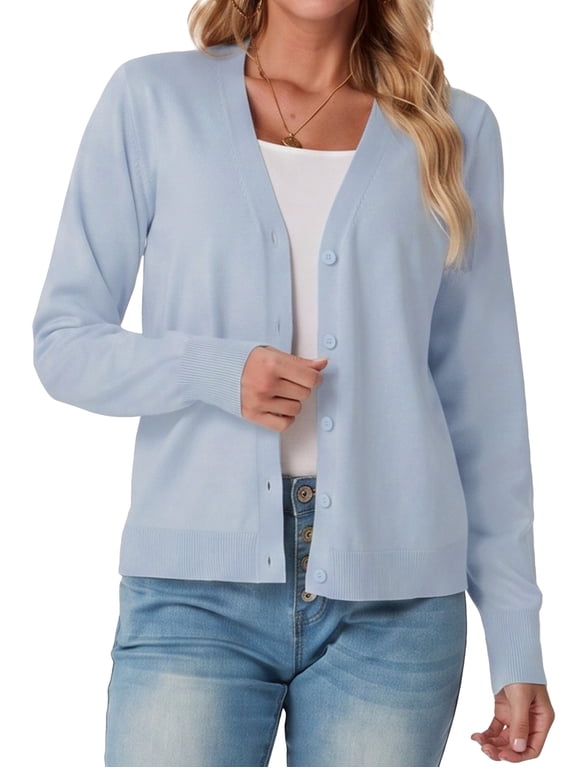 Womens Cardigan Open Front Button Down Long Sleeve Knit Sweater Top Lightweight Casual Layering Cardigan Gray Blue L