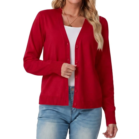 JWD Womens Cardigan Open Front Button Down Long Sleeve Knit Sweater Top Lightweight Casual Layering Cardigan Red L