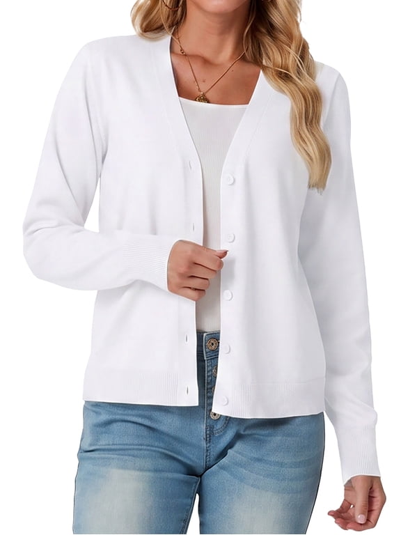 Womens Cardigan Open Front Button Down Long Sleeve Knit Sweater Top Lightweight Casual Layering Cardigan White L