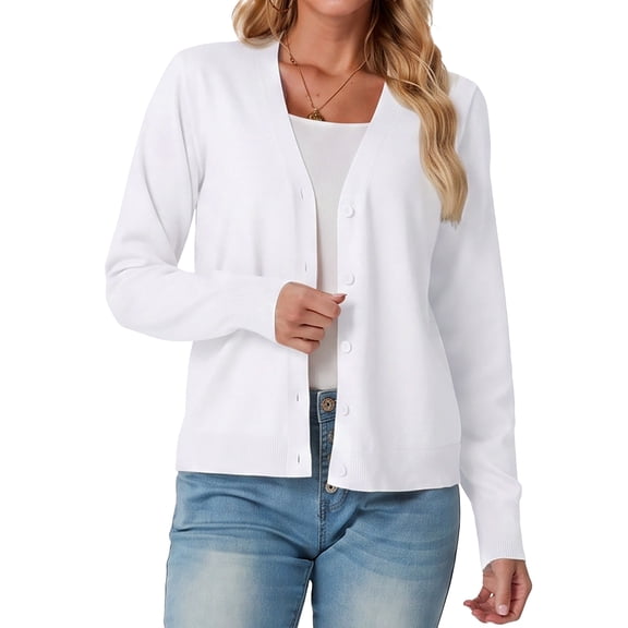 JWD Womens Cardigan Open Front Button Down Long Sleeve Knit Sweater Top Lightweight Casual Layering Cardigan White S