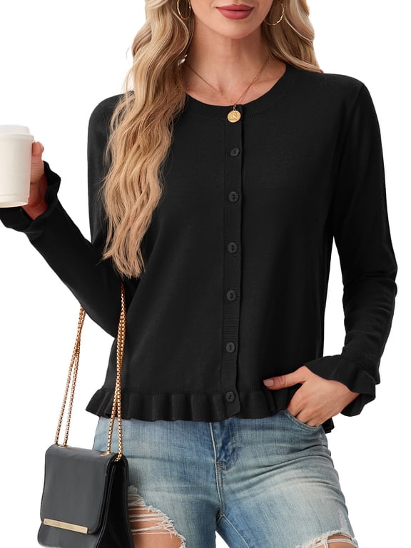 Womens Cardigan Sweater Long Sleeve Crew Neck Button Front Knit Ruffle Trim Casual Lightweight Tops Black L