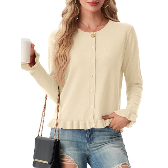 JWD Womens Cardigan Sweater Long Sleeve Crew Neck Button Front Knit Ruffle Trim Casual Lightweight Tops Butter Yellow L