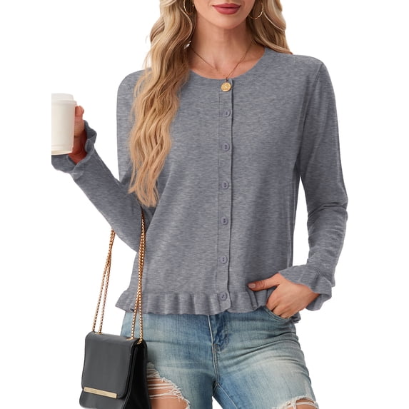 JWD Womens Cardigan Sweater Long Sleeve Crew Neck Button Front Knit Ruffle Trim Casual Lightweight Tops Light Gray S