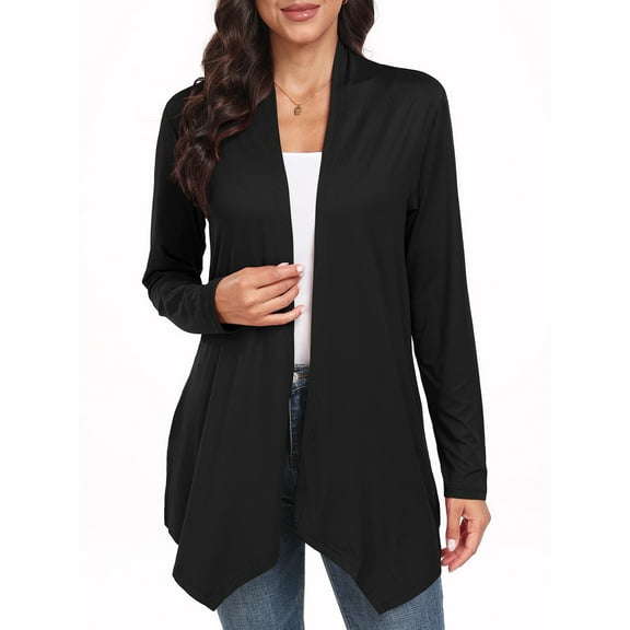JWD Womens Casual Lightweight with Pocketes Long Sleeve Open Front Cardigan Black-L