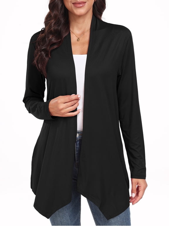 Womens Casual Lightweight with Pocketes Long Sleeve Open Front Cardigan Black-L