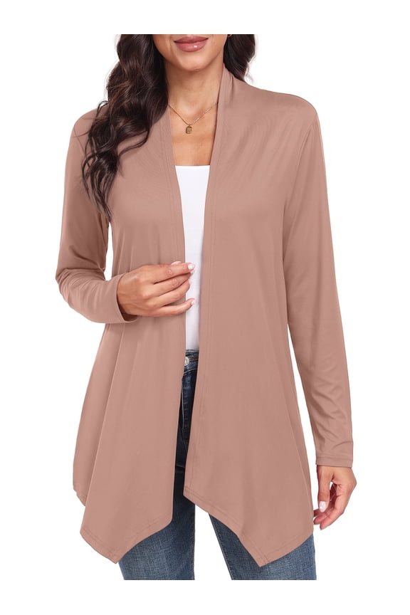 Womens Casual Lightweight with Pocketes Long Sleeve Open Front Cardigan Khaki L