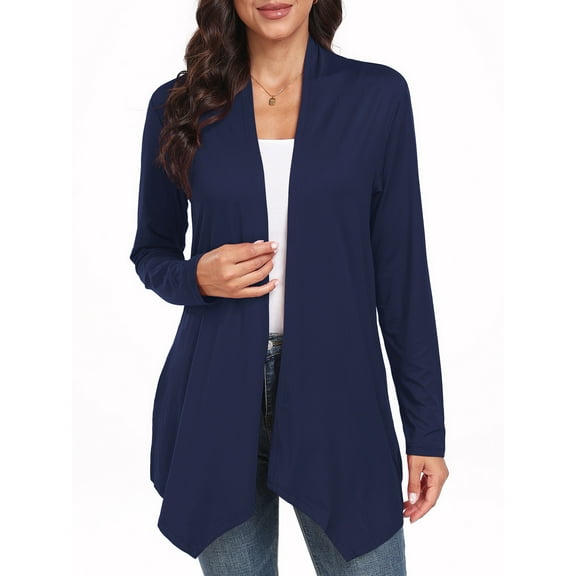 JWD Womens Casual Lightweight with Pocketes Long Sleeve Open Front Cardigan Navy Blue-XL