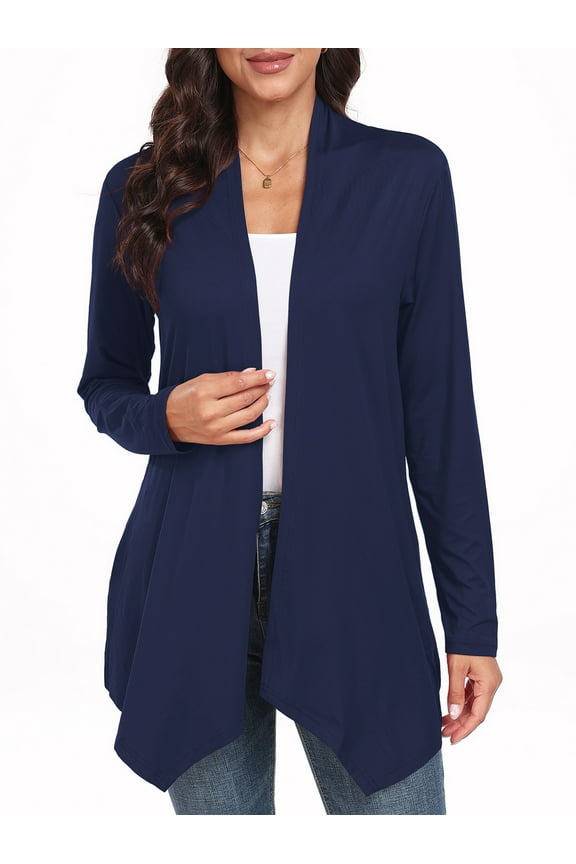 Womens Casual Lightweight with Pocketes Long Sleeve Open Front Cardigan Navy Blue-XL