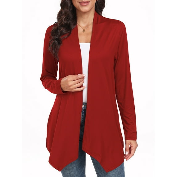 JWD Womens Casual Lightweight with Pocketes Long Sleeve Open Front Cardigan Red-XL