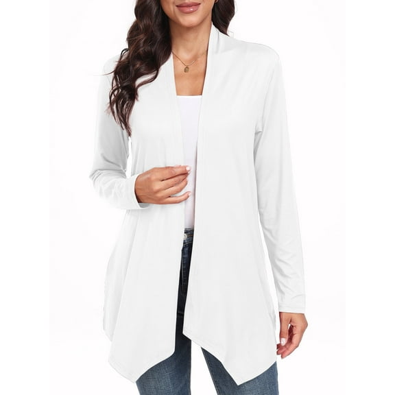 JWD Womens Casual Lightweight with Pocketes Long Sleeve Open Front Cardigan White-L