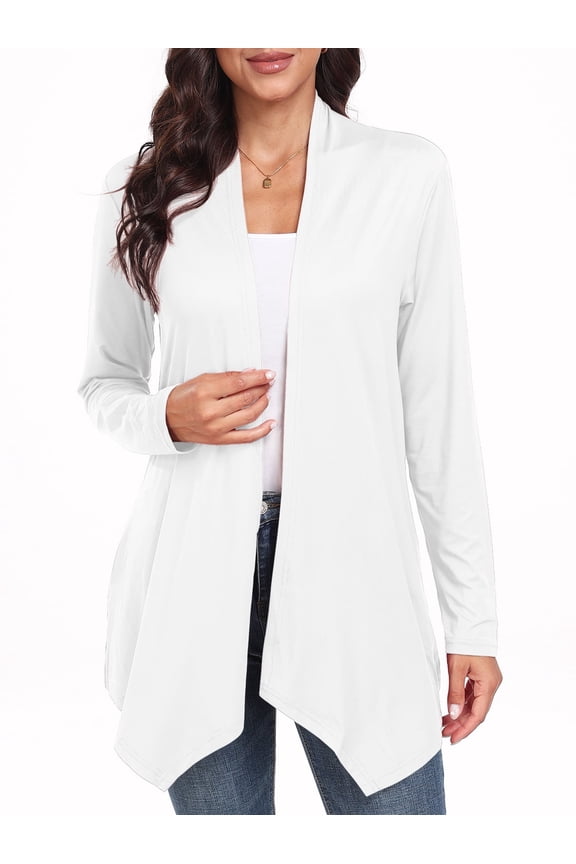Womens Casual Lightweight with Pocketes Long Sleeve Open Front Cardigan White-L