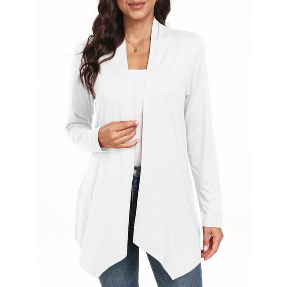 JWD Womens Casual Lightweight with Pocketes Long Sleeve Open Front Cardigan White-XL